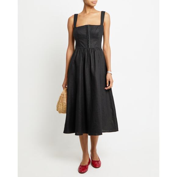 o.p.t Marina 100% Linen Minimalist Lace Trim Elegant Black Tea Length Dress 6 - Picture 1 of 8